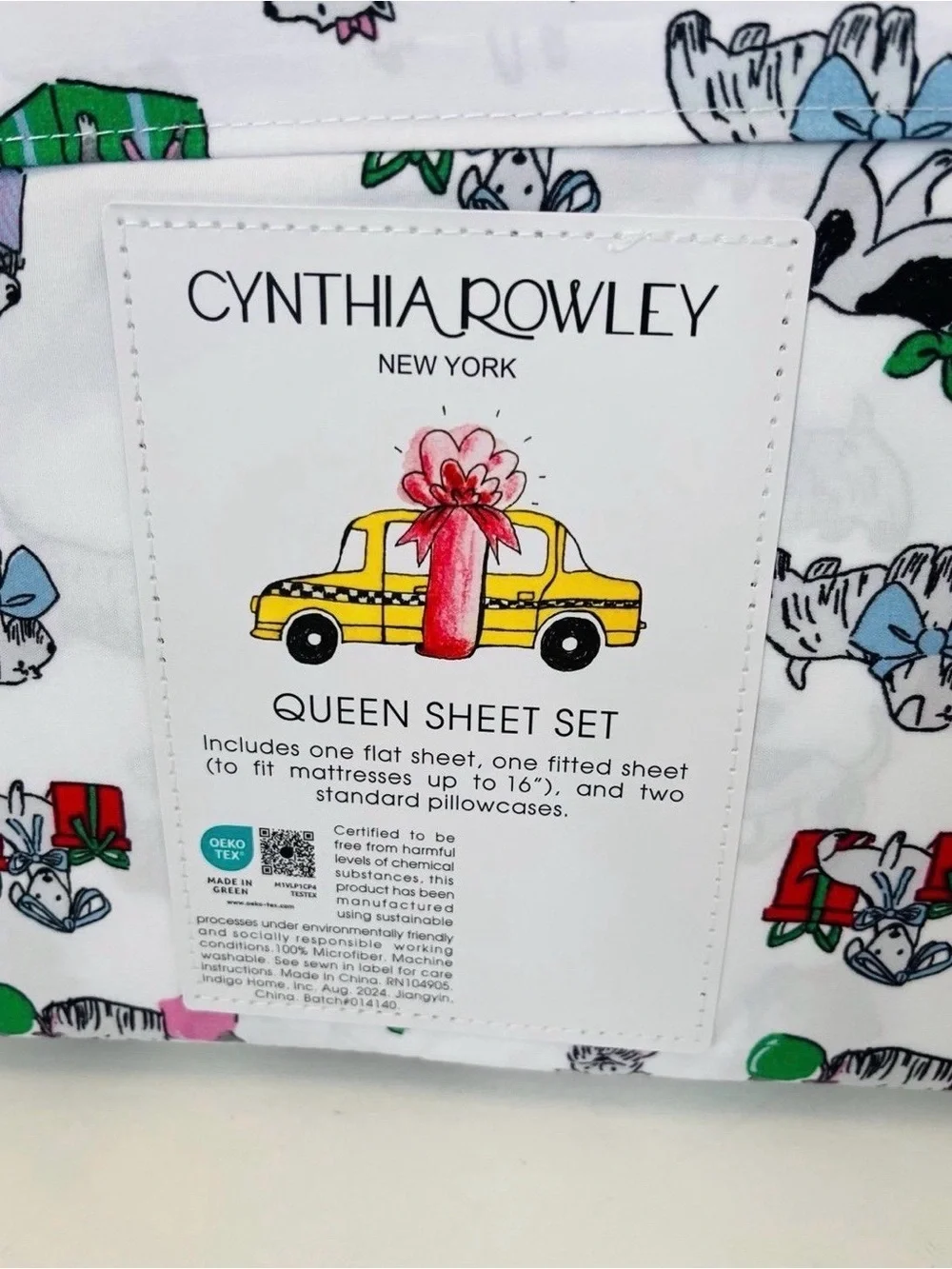 Cynthia Rowley Puppy Cheer Queen Size Sheet Set Presents Bows Ornaments Gifts